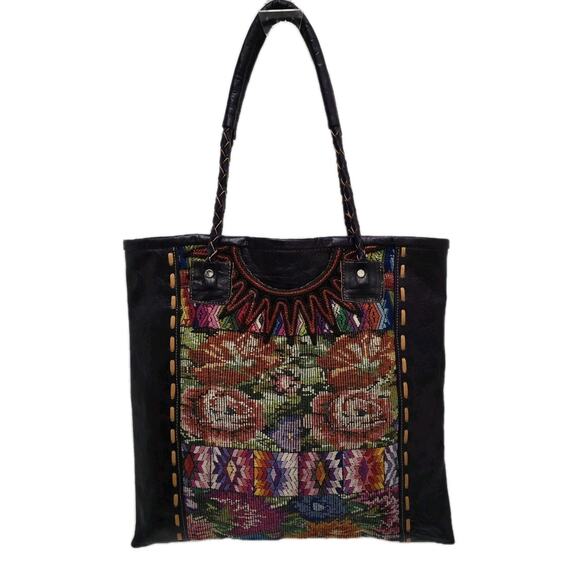 Altiplano Handmade Fair Trade Tote Purse Recycled Blouses and Purple Leather - Picture 5 of 13